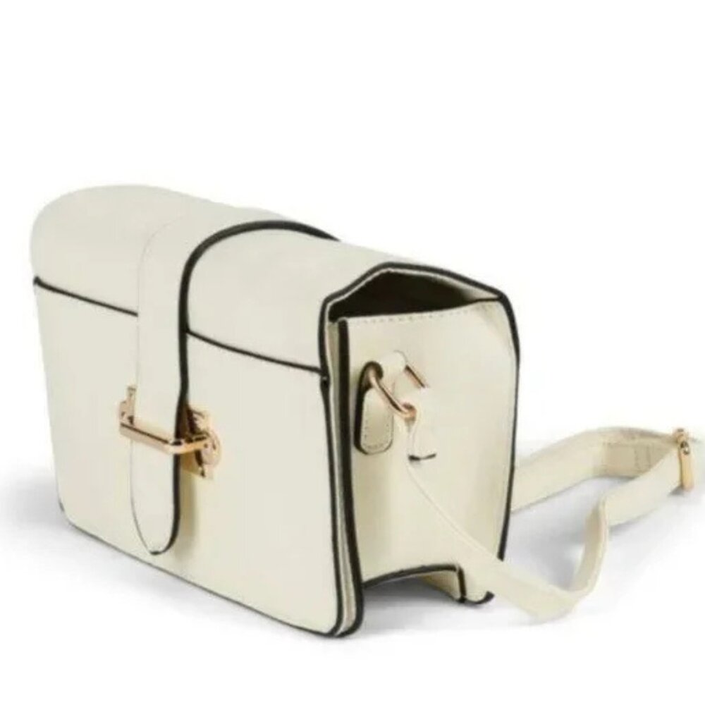 Ivory White Vegan Leather Crossbody Satchel with Clasp - Picture 3 of 4
